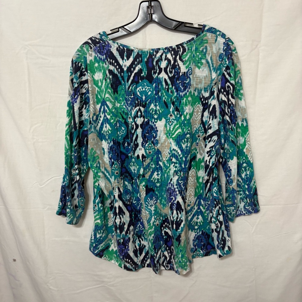 Chico’s Rayon Spandex Mediteranea Hi-Low Top in Iced Turq Multicolor - Picture 4 of 9